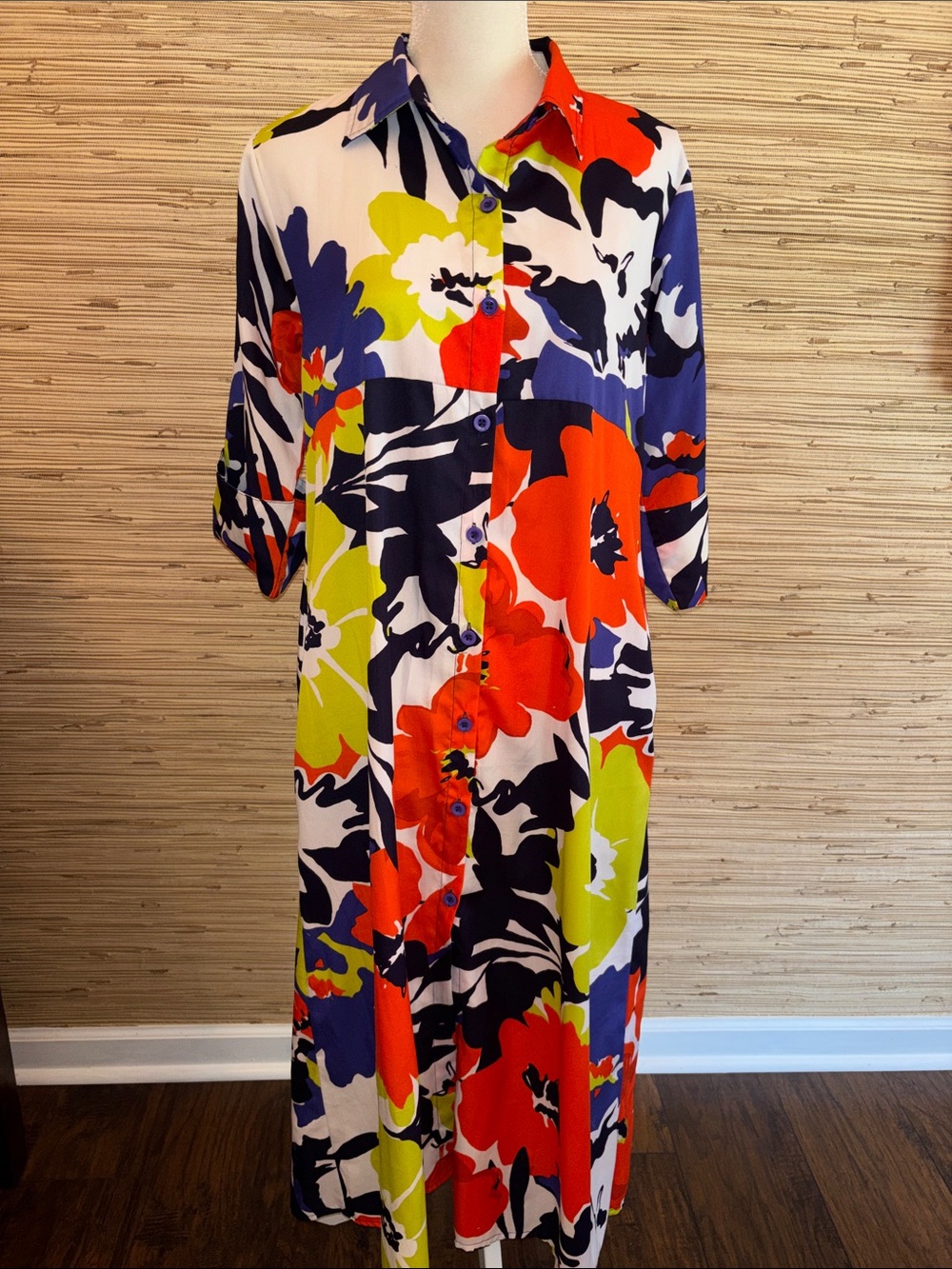 Scorzzo Vibrant Floral Button-Down Maxi Dress Multi a-line pockets one size EUC!